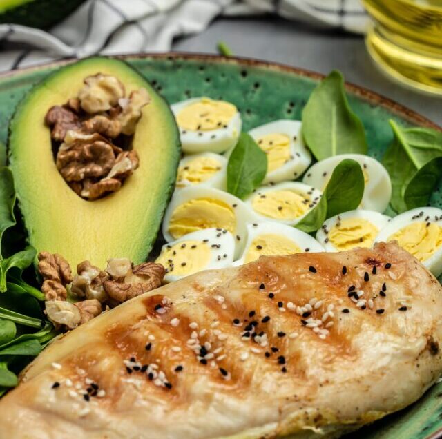 Ketogenic,Diet.,Avocado,,Grilled,Chicken,Fillet,,Quail,Egg,,Spinach,,Walnut,
