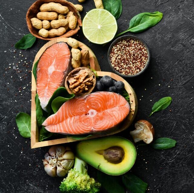 Heart,Health,Foods:,Salmon,,Avocados,,Blueberries,,Broccoli,,Nuts,And,Mushrooms.